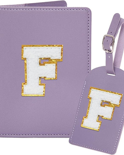 Initial Passport Cover Holder and Luggage tag Set,PU Leather Passport Case Travel Suitcase Tag with Letter Patch, Personalized Travel Luggage Accessories Gifts for Women Grils Teenage Purple Letter F