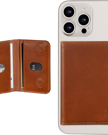 Belemay Minimalist Bifold Magnetic Wallet Compatible with MagSafe, Slim Card Holder for 4 Cards, Vegetable-Tanned Leather, Compatible with iPhone 17/16/15/14/13/12 Series and MagSafe Cases, Brown