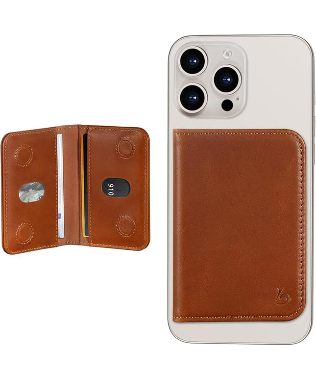 Belemay Minimalist Bifold Magnetic Wallet Compatible with MagSafe, Slim Card Holder for 4 Cards, Vegetable-Tanned Leather, Compatible with iPhone 17/16/15/14/13/12 Series and MagSafe Cases, Brown
