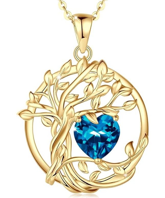 FANCIME Tree of life Birthstone necklace Sterling Silver Pendant Birthstone Necklace Gemstone Anniversary Birthday Jewelry Christmas Gifts for Mom Her Wife