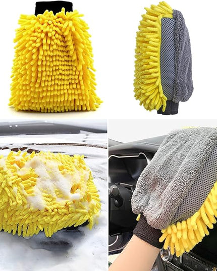 Car Wash Brush with Long Handle, Chenille Microfiber Mop Mitt with 1 Replacement Head, Wheel Brush Extension Pole Cleaning Kit & Towels for Cars & Trucks - 5PCS