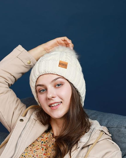 REDESS Women Winter Pompom Beanie Hat with Warm Fleece Lined, Thick Slouchy Snow Knit Skull Ski Cap