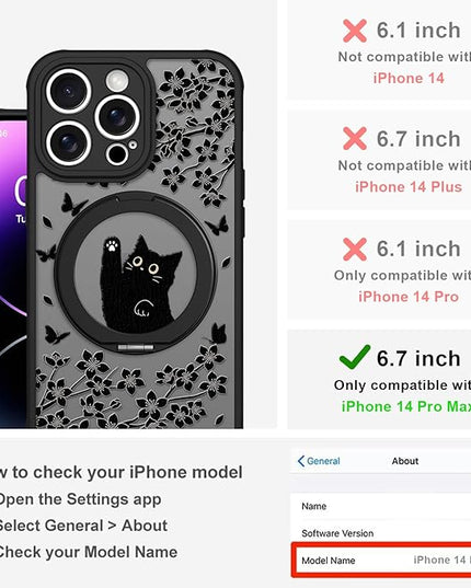 Cute Case for iPhone 14 Pro Max Case with Stand [ Compatible with MagSafe ] Kawaii Black Cat & Floral & Butterflies Pattern Design 360 Magnetic Ring Kickstand Phone Cover for Women Girls Boys