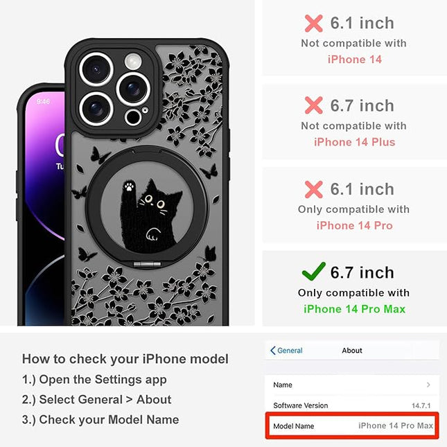Cute Case for iPhone 14 Pro Max Case with Stand [ Compatible with MagSafe ] Kawaii Black Cat & Floral & Butterflies Pattern Design 360 Magnetic Ring Kickstand Phone Cover for Women Girls Boys