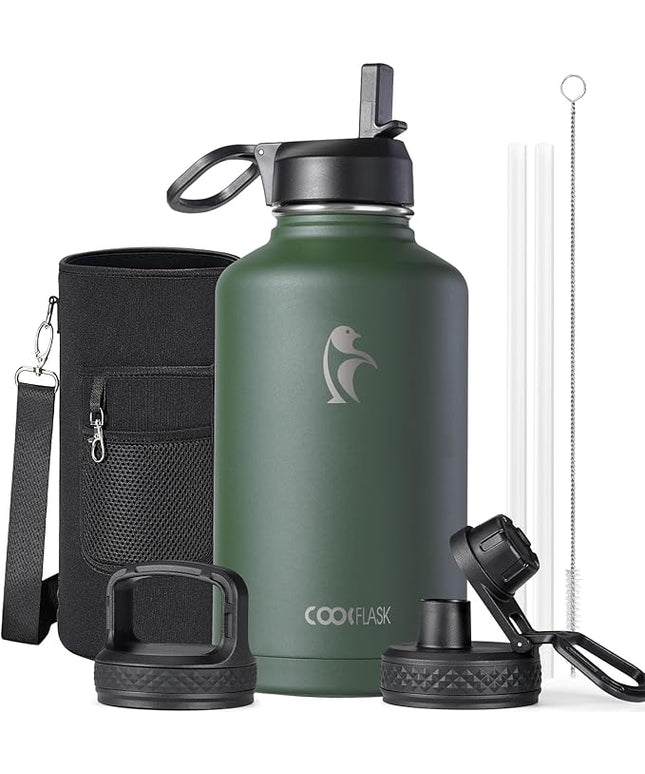 Half Gallon Water Bottle Insulated with Straw & 3 Lids, Coolflask 64 oz Water Jug Large Metal Stainless Steel Wide Mouth for Sports, Gym or Office, Non-BPA Keep Cold 48H Hot 24H, Dark Green