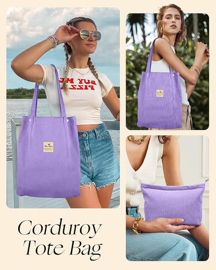 Aesthetic 2 Pack Corduroy Tote Bag - with Makeup Pouch Bag for Women Reusable Grocery Bag for Gym, Travel, Work