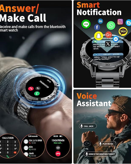 Smart Watches for Men 1000mAh Battery/Flashlight/3 Straps, 1.7" Ultra HD Screen Outdoor Smartwatch with 111 Sports Modes, Heart Rate/Sleep/Calorie Monitor, 5ATM Waterproof Fitness Tracker Android iOS