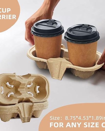 Coffee Cup Holder Disposable Cup Holder Tray, Two Cup Carrier Tray 100 Pack,Biodegradable, Eco-Friendly Drink Carrier For Delivery Of Hot Or Cold Drinks (Two-cup size tray)