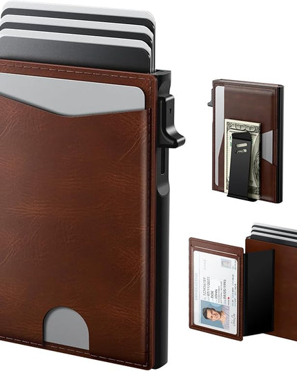 typecase Flip Pop Up Wallet for Men Card Holder: Smart Privacy & lD Display Mode, RFID Blocking, Slim Genuine Leather, Minimalist Front Pocket - 8 Cards Capacity | ID Window | Money Clip (Brown)