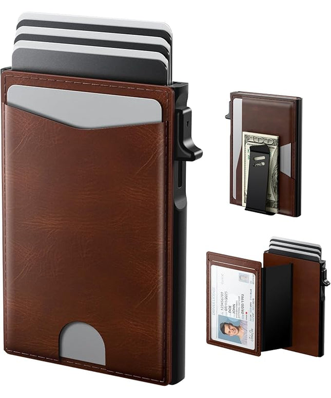 typecase Flip Pop Up Wallet for Men Card Holder: Smart Privacy & lD Display Mode, RFID Blocking, Slim Genuine Leather, Minimalist Front Pocket - 8 Cards Capacity | ID Window | Money Clip (Brown)