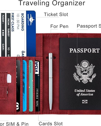 WALNEW Passport Holder for Travel, RFID Passport Cover Wallet for Women Men, PU Leather Passport Book Card Holder Case with Pen (Elastic Band Closure, C-Red)