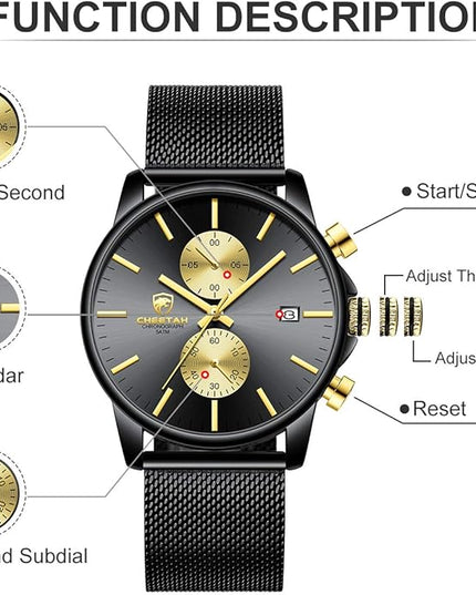 GOLDEN HOUR Mens Watch Fashion Sleek Minimalist Quartz Analog Mesh Stainless Steel Waterproof Chronograph Watches for Men with Auto Date