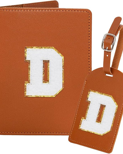 ULICO Initial Passport Cover and Luggage Tag Set,PU Leather Letter Passport Case Holder Travel Suitcase Tag, Personalized Travel Luggage Accessories Gifts for Women Kids Teenage Brown D