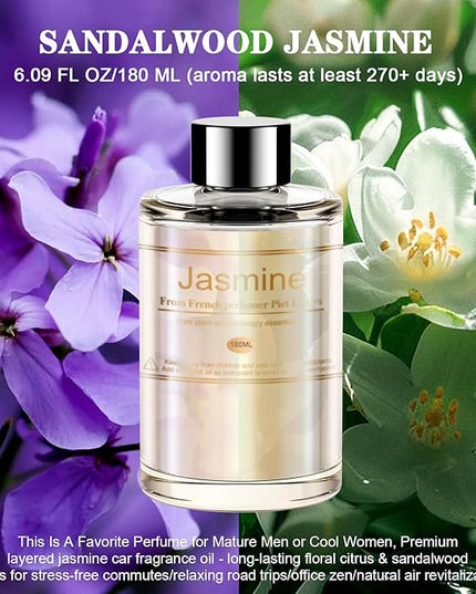 Car Air Freshener Refill for Men & Women 6.09 FL OZ /180ML - 9 Month Jasmine Scent Essential Oil Perfume, Essential Oil Made of Natural Plant Extracts, Compatible with Car Diffusers for Home/Office