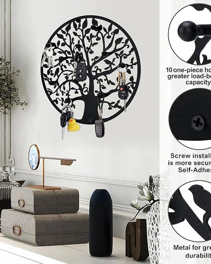 ZULONG Round Decorative Home Key Holder Wall Mount, Metal Tree Car Key Rack for Wall Organizer for Keys, Wallets, Hats, Used for Decor for House Entryway, Kitchen, Garage, Office (12" Black)