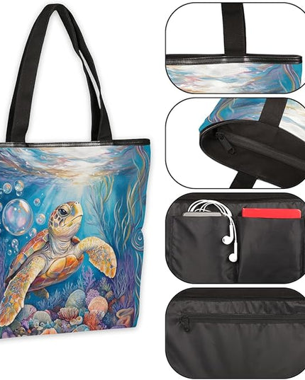 Pardick Canvas Tote Bags, Ocean Turtle Tote Bag Eco Friendly Reusable Grocery Shopping Bagsfor Beach, Books, Women with Zipper Inner Pocket