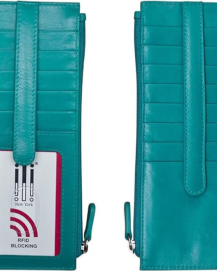 ili New York Long Double Sided Slim Wallet, RFID Blocking Card Holder with ID Window and Side Zip Pocket for Men and Women, Aqua
