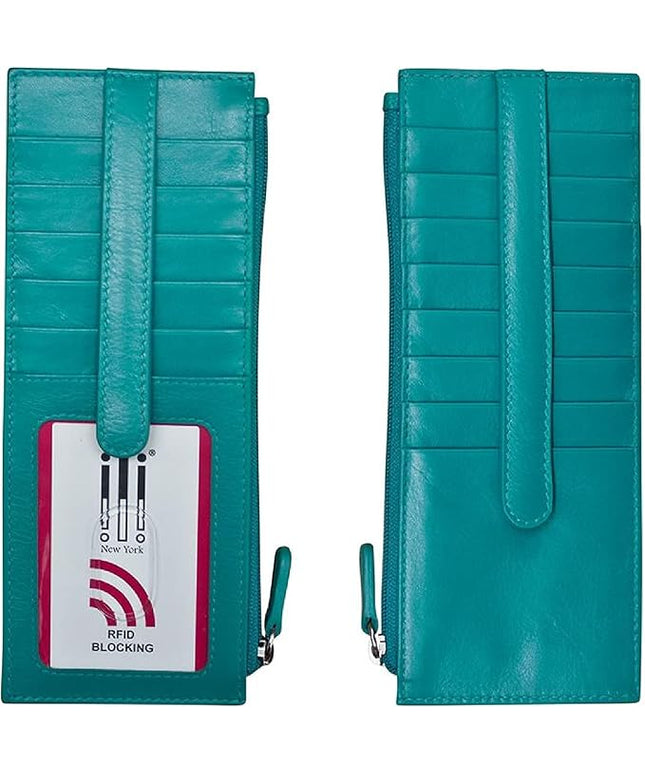 ili New York Long Double Sided Slim Wallet, RFID Blocking Card Holder with ID Window and Side Zip Pocket for Men and Women, Aqua