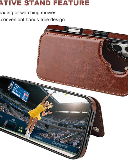 ONETOP Compatible with iPhone 17 Wallet Case with Card Holder, PU Leather Kickstand Card Slots Case, Double Magnetic Clasp and Durable Shockproof Cover 6.3 Inch (Brown)