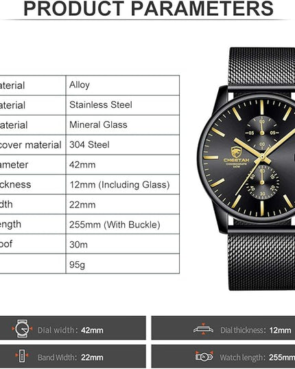 GOLDEN HOUR Mens Watch Fashion Sleek Minimalist Quartz Analog Mesh Stainless Steel Waterproof Chronograph Watches for Men with Auto Date