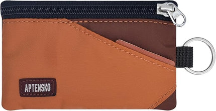RFID Travel Wallet with Adjustable Lanyard-Zipper Small Wallet with ID Card Holder, Keychain for women&men-Minimalist Slim Waterproof Nylon case for ID, Cash, Key (Rust+Coffee)