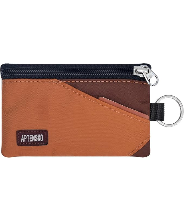 RFID Travel Wallet with Adjustable Lanyard-Zipper Small Wallet with ID Card Holder, Keychain for women&men-Minimalist Slim Waterproof Nylon case for ID, Cash, Key (Rust+Coffee)