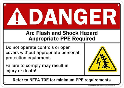 Danger Arc Flash And Shock Hazard Appropriate PPE Required Sign, 10x14 Inches, 55 mil thick HDPS (high density polystyrene), Made in USA by My Sign Center
