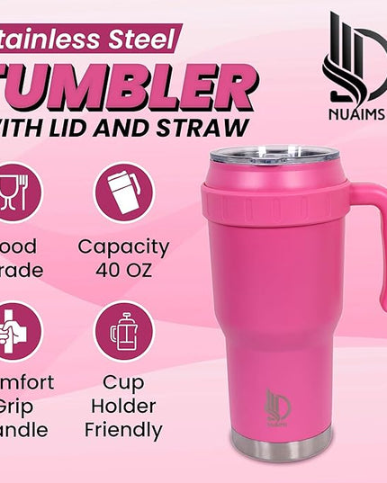 40 Oz Tumbler with Handle & Straw Lid, Insulated Stainless Steel Vacuum Flask, Double Wall Thermal Car Cup for Hot & Cold Drinks, Leak Proof, BPA Free (Light Rose Beige)
