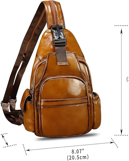 Genuine Leather Sling Bag for Men and Women Handmade Sling Backpack Purse Chest Over Shoulder Crossbody Bag Large Capacity (Brown)