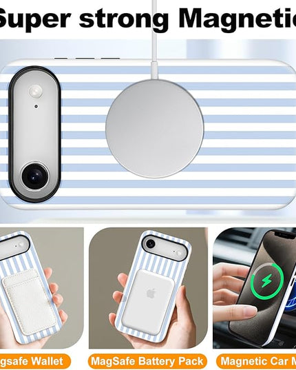 Magnetic for iPhone 17 Air Case Cute Stripes Phone Case, Shockproof Slim TPU and Hard PC Protective Phone Cover Compatible with MagSafe Designed for Women Girls, Blue and White