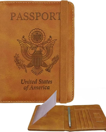 WALNEW Passport Holder for Travel, RFID Passport Cover Wallet for Women Men, PU Leather Passport Book Card Holder Case with Pen (Upgraded, Upgraded-Brown)
