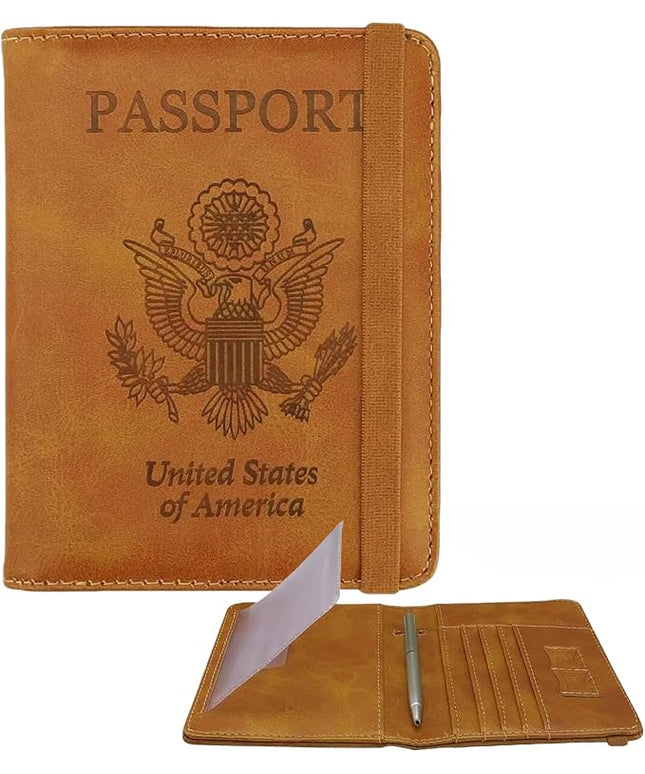 WALNEW Passport Holder for Travel, RFID Passport Cover Wallet for Women Men, PU Leather Passport Book Card Holder Case with Pen (Upgraded, Upgraded-Brown)