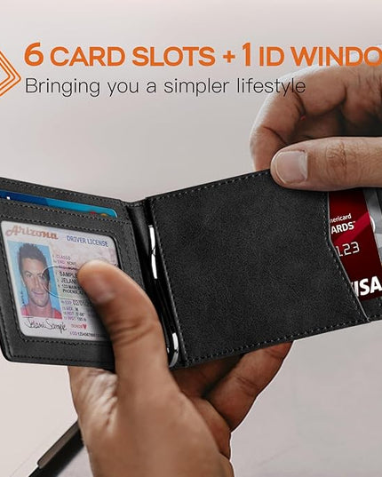 RUNBOX Slim Wallet for Men Genuine Leather RFID Blocking Bifold Minimalist Front Pocket Mens Wallet with Money Clip Thin Gift Box