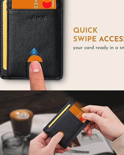 Buffway Slim Minimalist Front Pocket RFID Blocking Leather Wallets for Men and Women - Galactic Crack Black