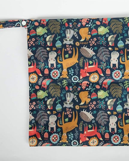 Wet Bag Baby Cloth Diaper Nappy Insert Reusable Washable With Two Zipper Pockets (Forest Animal Fox Owl)