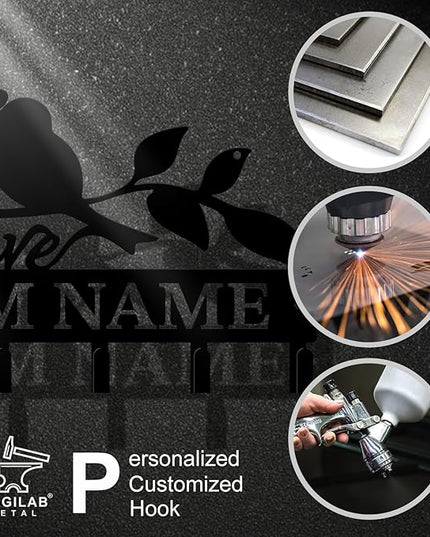 Personalized Custom Name Birds of Trees Wall Key Hooks,Metal Birds of Trees Art Clothes Hooks,Metal Birds of Trees Wall Home Storage Decorative,For Front Door, Hallway, Kitchen, Bedroom(Style E)