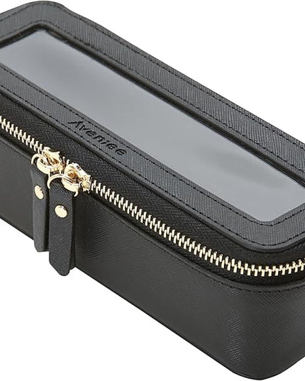 Aveniee Clear Makeup Brush Bag,Slim Cosmetic Brush Holder,Small Toiletry Bag Mini Travel Case for Women,Thin Make up Bags with Dual Zipper,Cute Travel Essentials Organizer,Black