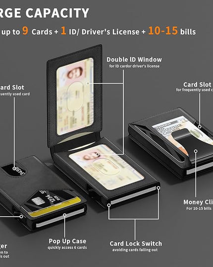 KISUEDZP Wallet for Men Slim RFID Blocking-Metal Smart Pop-Up Credit Card Holder with 2 ID Windows, Holds 8-10 Cards,Bifold Minimalist Front Pocket Wallet & Money Clip,Men's accessories (Black)