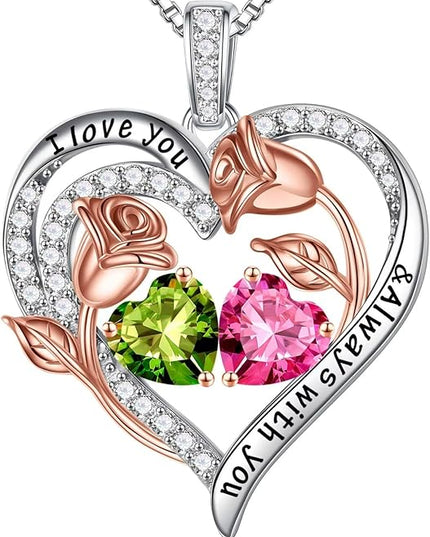 Iefil Christmas Gifts for Women Wife - 925 Sterling Silver Rose Heart Birthstone Necklace Birthday Anniversary Jewelry Gifts for Her Wife Mom Daughter
