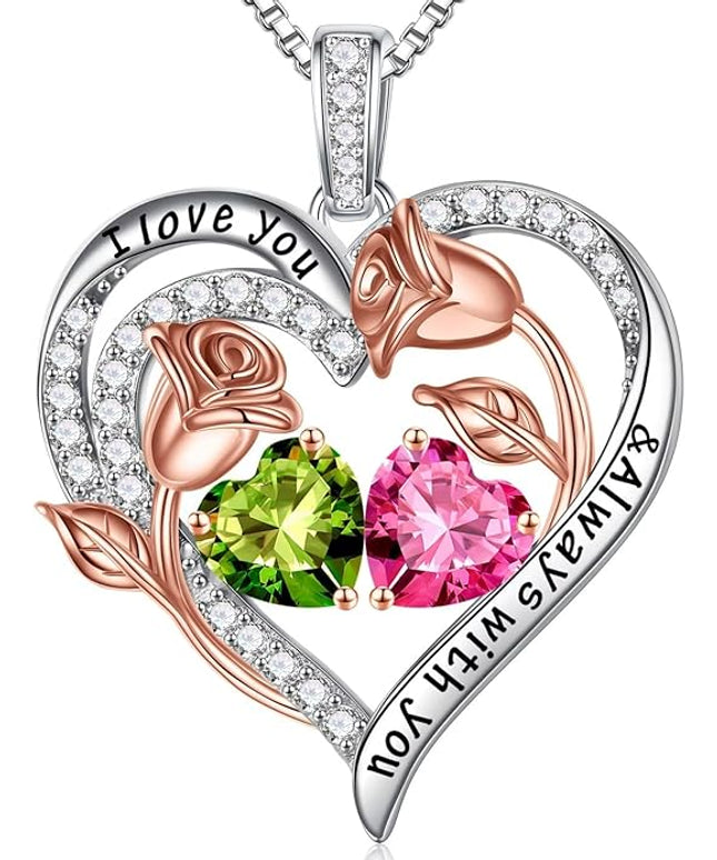 Iefil Christmas Gifts for Women Wife - 925 Sterling Silver Rose Heart Birthstone Necklace Birthday Anniversary Jewelry Gifts for Her Wife Mom Daughter