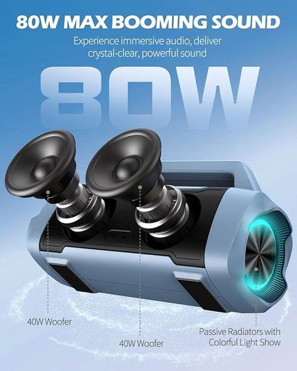Speakers Bluetooth Wireless, 80W Peak Loud Outdoor Speaker with Bass, 20H Playtime, IPX6 Waterproof, TWS，BT5.3, Portable for Camping Hiking Boating Pool Beach, Smoky Blue
