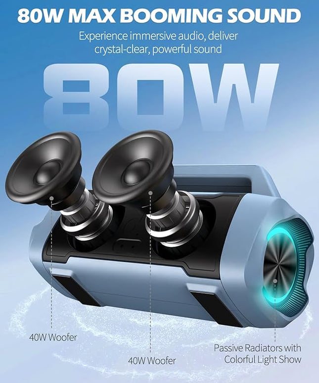 Speakers Bluetooth Wireless, 80W Peak Loud Outdoor Speaker with Bass, 20H Playtime, IPX6 Waterproof, TWS，BT5.3, Portable for Camping Hiking Boating Pool Beach, Smoky Blue