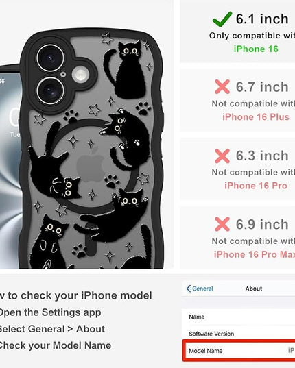 Cute Case for iPhone 16 Case [Compatible with MagSafe] with Kawaii Black Cats Cat Print Pattern Design for Women Girls, Soft Wavy Edge Anti-Slip Animal Magnetic Protective Phone Cover