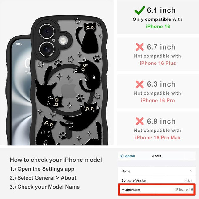 Cute Case for iPhone 16 Case [Compatible with MagSafe] with Kawaii Black Cats Cat Print Pattern Design for Women Girls, Soft Wavy Edge Anti-Slip Animal Magnetic Protective Phone Cover