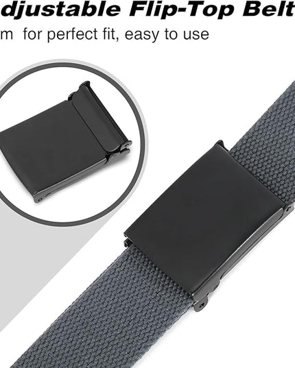 WHIPPY Canvas Web Belt Flip-Top Solid Black Military Buckle Fully Adjustable Mens Webbing Belts Cut To Fit