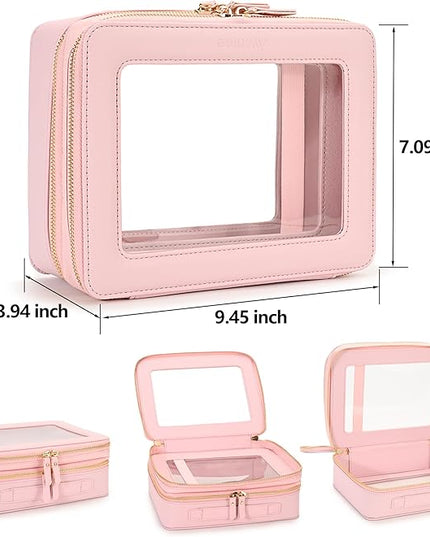 Aveniee XL Clear Makeup Organizer,Double Layer Travel Cosmetic Case with Brush Holder & Zippered Compartments,Big Toiletry Bag for Travel Accessories,2 Layers Large,Pink