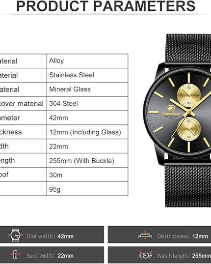 GOLDEN HOUR Mens Watch Fashion Sleek Minimalist Quartz Analog Mesh Stainless Steel Waterproof Chronograph Watches for Men with Auto Date