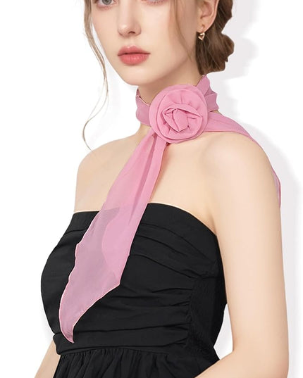 Chiffon Scarf for Women, Removable Flower Neck Scarf Light Soft Fashion Rose Scarves Versatile Headband or Hair Band