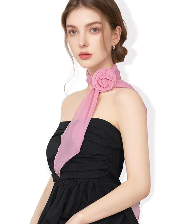 Chiffon Scarf for Women, Removable Flower Neck Scarf Light Soft Fashion Rose Scarves Versatile Headband or Hair Band