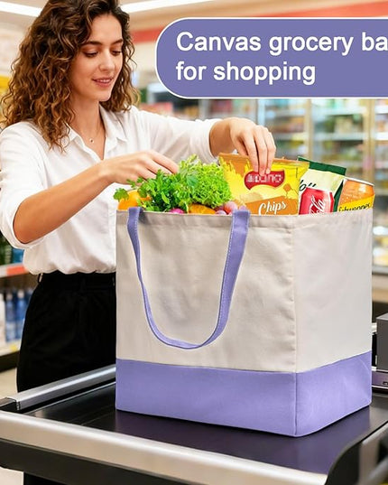 Reusable Grocery Bags Heavy Duty, 8.3 gal Foldable Large Canvas Tote Bag with Handles, Holds 60 lbs Canvas Shopping Bags, 3 Pack（Off White+Light purple）